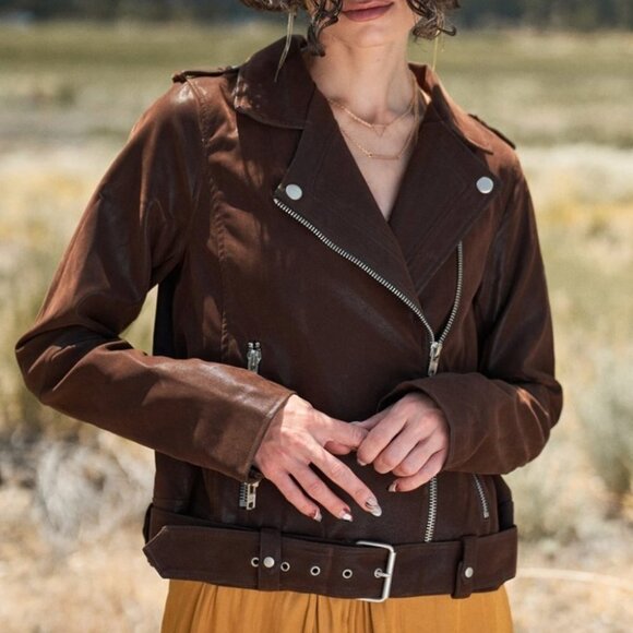 Brown Faux Suede Edgy Belted Hem Biker Jacket - Picture 3 of 5